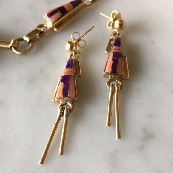 Vintage Navajo Tom David 14K Inlay Necklace and Earrings Native American - Picture 10 of 16